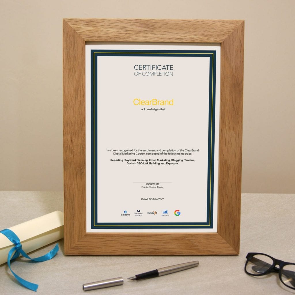 A certificate of completion for the ClearBrand Digital Marketing Internship.